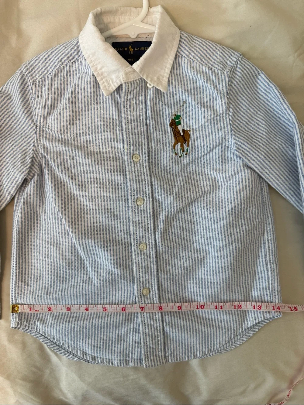 Ralph Lauren Light Blue & White Striped Button-Down Shirt 4T Large logo on front